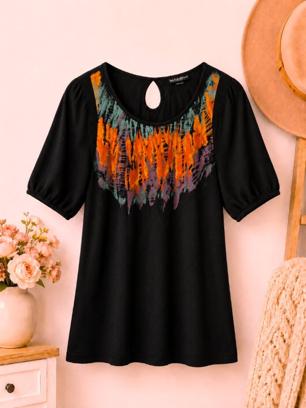 Self Esteem Boho Black Abstract Print Keyhole Puff Sleeve Top - L